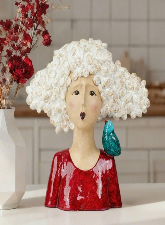 DiliComing Garden-Statues Bust-Head Sculptures for Home Decor - 11 Inch Women with Bird Modern Art Statue for Home and Garden, Various Festivals for Women 10.5 x5.5 x 11 Inch (Red) - Image 1