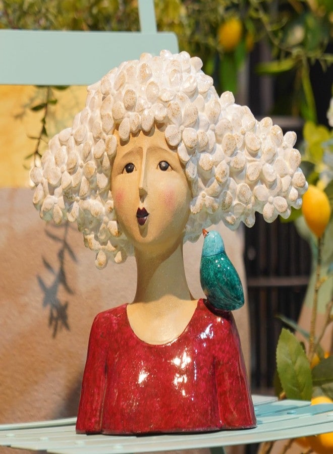 DiliComing Garden-Statues Bust-Head Sculptures for Home Decor - 11 Inch Women with Bird Modern Art Statue for Home and Garden, Various Festivals for Women 10.5 x5.5 x 11 Inch (Red) - Image 2