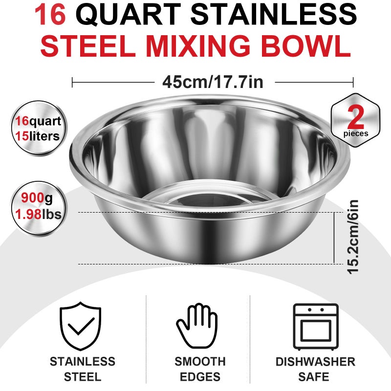 FillTouch 2 Pack Large Mixing Bowl 16 Qt Oversized All Purpose 304 Stainless Steel Polished Mirror Flat Base Metal Bowl for Home or Commercial Prepping Baking Mixing Marinating - Image 2