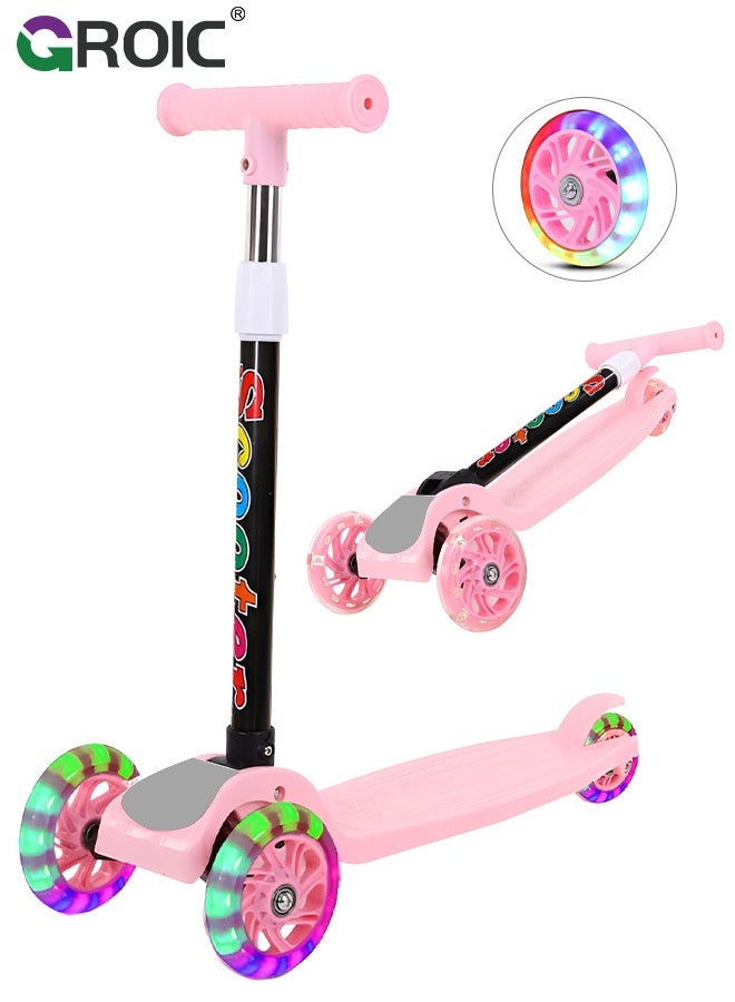 GROIC Scooters for Kids 3 Wheel Kick Scooter for Toddlers,4 Adjustable Height, Lean to Steer, Extra-Wide Deck, Light Up Wheels Foldable Scooter,Outdoor Activities for Toddlers(Pink) - Image 1