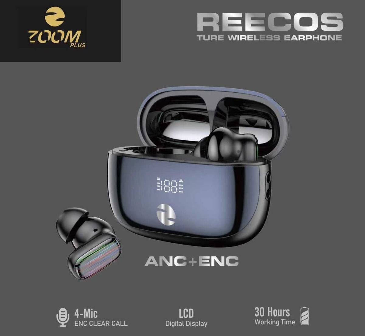 زوم بلس Zoomplus Reecos True Wireless Earbuds With Anc Enc Noise Cancellation Led Digital Display Connectivity Calls Deep Bass Sound Long Battery Life 300 g