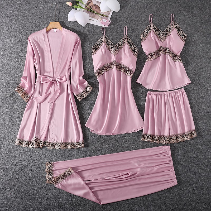 Women's Lace Sleepwear 5-Piece Silk Set - Image 2
