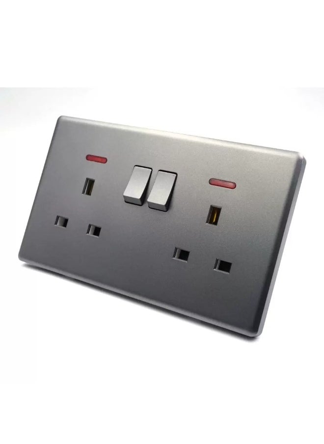Elitco Elitco - 13A 2 Gang 3 Pin 250V British Standard Switch Socket with Neon (3 x 6 inches) Grey Color, 6.5mm. Minimal Thickness, Smooth, Wear Resistance, Elegant & Beautiful 