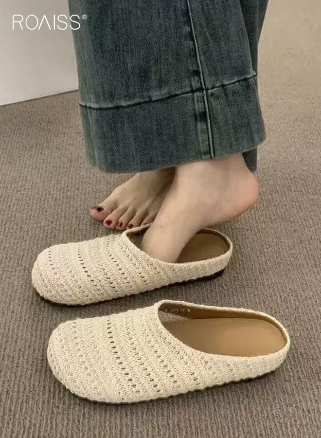 رويس حذاء نسائي مسطح ذو مقدمة مستديرة مضفرة، مريح، يسمح بمرور الهواء، مانع للانزلاق، سهل الارتداء من الأمام إلى الخلف، مثالي للارتداء اليومي، يجمع بين الأناقة والراحة لمختلف المناسبات، لون بيج. - Image 1