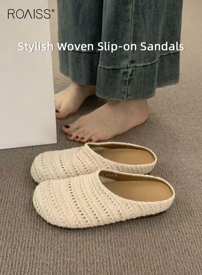 رويس حذاء نسائي مسطح ذو مقدمة مستديرة مضفرة، مريح، يسمح بمرور الهواء، مانع للانزلاق، سهل الارتداء من الأمام إلى الخلف، مثالي للارتداء اليومي، يجمع بين الأناقة والراحة لمختلف المناسبات، لون بيج. - Image 3