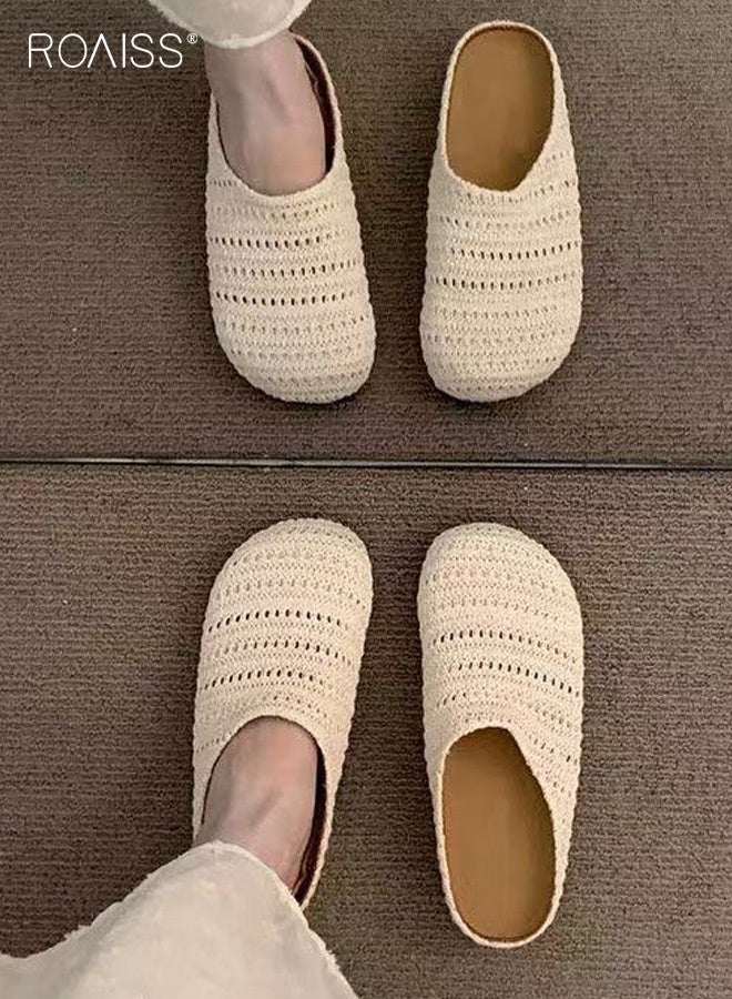 رويس حذاء نسائي مسطح ذو مقدمة مستديرة مضفرة، مريح، يسمح بمرور الهواء، مانع للانزلاق، سهل الارتداء من الأمام إلى الخلف، مثالي للارتداء اليومي، يجمع بين الأناقة والراحة لمختلف المناسبات، لون بيج. - Image 2