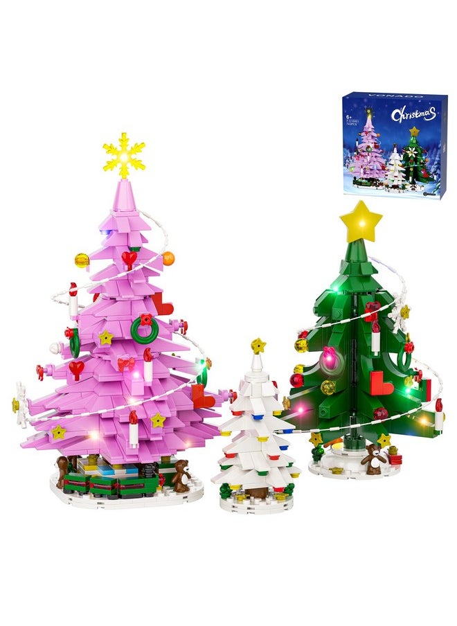 Vonado Pink Christmas Tree Building Set, Christmas Tree Building Toy with LED Lights, Compatible with Lego, Xmas Holiday Decoration Gift with Train and Snowflake for Kids and Adults, New in 2024 (734 pcs) 
