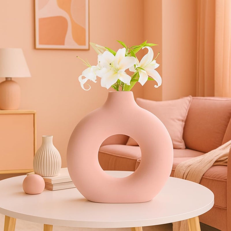 Xtore Persian Pink Ceramic Donut Vases for Home Décor | Minimalist Aesthetic Decorative Vase for Living Room, Bedroom, Bathroom, Coffee/Dining Table - (Pack of 1, Grass not Included) - Image 4