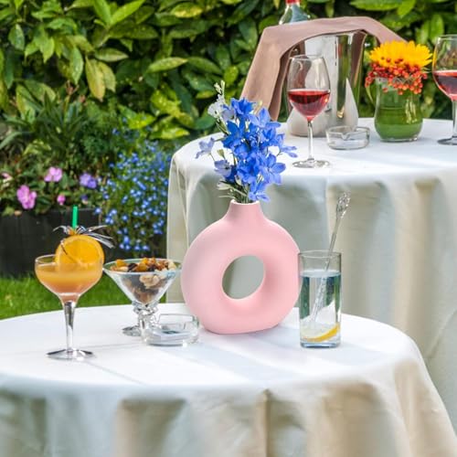 Xtore Persian Pink Ceramic Donut Vases for Home Décor | Minimalist Aesthetic Decorative Vase for Living Room, Bedroom, Bathroom, Coffee/Dining Table - (Pack of 1, Grass not Included) - Image 2