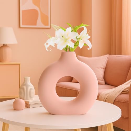 Xtore Persian Pink Ceramic Donut Vases for Home Décor | Minimalist Aesthetic Decorative Vase for Living Room, Bedroom, Bathroom, Coffee/Dining Table - (Pack of 1, Grass not Included) - Image 1