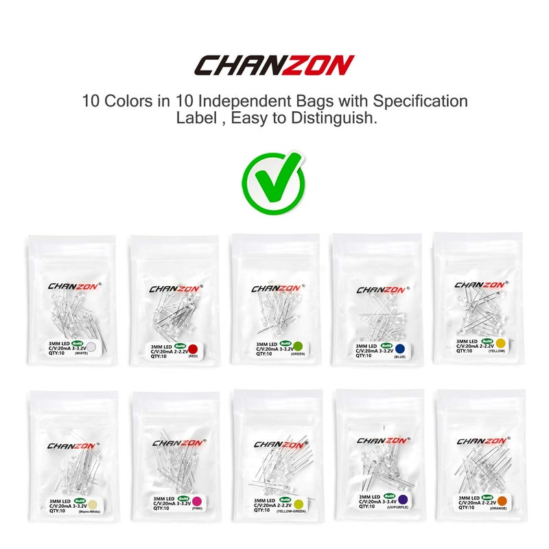 Chanzon 100pcs (10 Colors x 10pcs) 3mm LED Diode Lights Assortment (Clear Transparent Lens) Emitting Lighting Bulb Lamp Assorted Kit Variety Colour Warm White Red Yellow Green Blue Orange UV Pink - Image 4