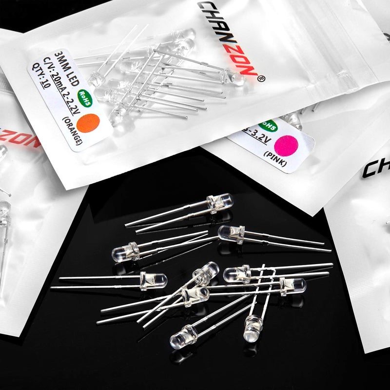 Chanzon 100pcs (10 Colors x 10pcs) 3mm LED Diode Lights Assortment (Clear Transparent Lens) Emitting Lighting Bulb Lamp Assorted Kit Variety Colour Warm White Red Yellow Green Blue Orange UV Pink - Image 5