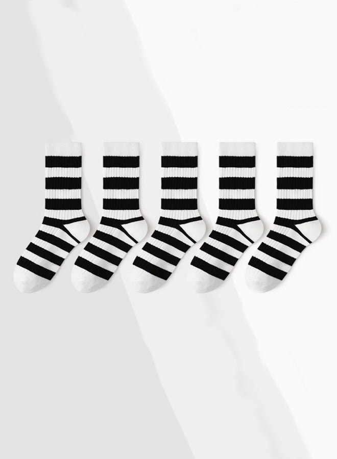 Five pairs of black and white mid tube women's socks, summer thin style, striped pile socks 2025 new model - Image 1