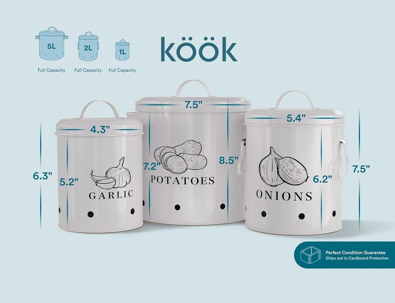 KooK Potato Onion Garlic Kitchen Storage Canisters Rustic Farmhouse Containers with Aerating Holes Vintage Vegetable Tins Set of 3 5 Liter 2 Liter 1 Liter Slate Grey - Image 5