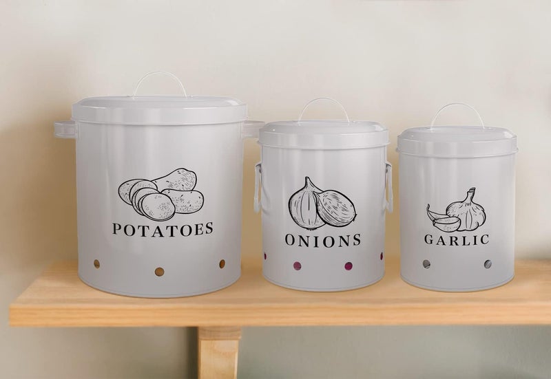 KooK Potato Onion Garlic Kitchen Storage Canisters Rustic Farmhouse Containers with Aerating Holes Vintage Vegetable Tins Set of 3 5 Liter 2 Liter 1 Liter Slate Grey - Image 3