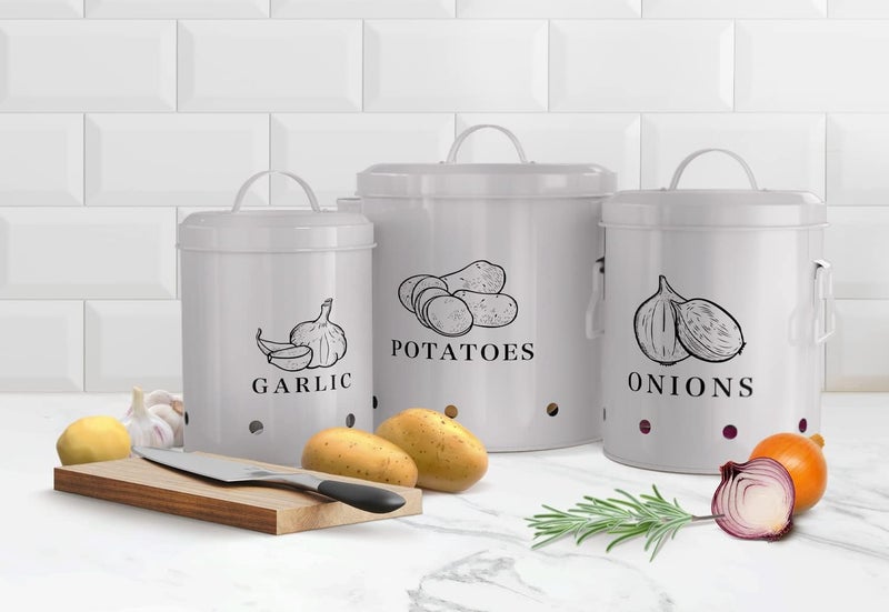 KooK Potato Onion Garlic Kitchen Storage Canisters Rustic Farmhouse Containers with Aerating Holes Vintage Vegetable Tins Set of 3 5 Liter 2 Liter 1 Liter Slate Grey - Image 2