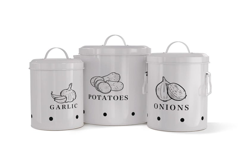 KooK Potato Onion Garlic Kitchen Storage Canisters Rustic Farmhouse Containers with Aerating Holes Vintage Vegetable Tins Set of 3 5 Liter 2 Liter 1 Liter Slate Grey - Image 1