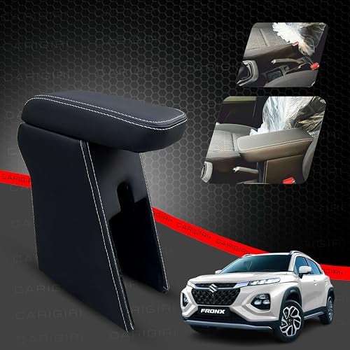 Carigiri Premium Finish Car Armrest for Maruti Suzuki Fronx/New Baleno with Moulded Foam And Storage Compartment (Models-2022-2024) (Black With White Double Stitching) - Image 1
