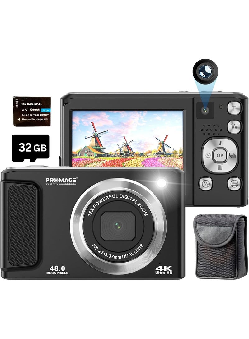 PROMAGE Digital Camera PC140 Black - 48MP 4K UHD Vlogging Camcorder with 2.8" IPS Display, 18X Digital Zoom & Solibag Carry Case - Image 1