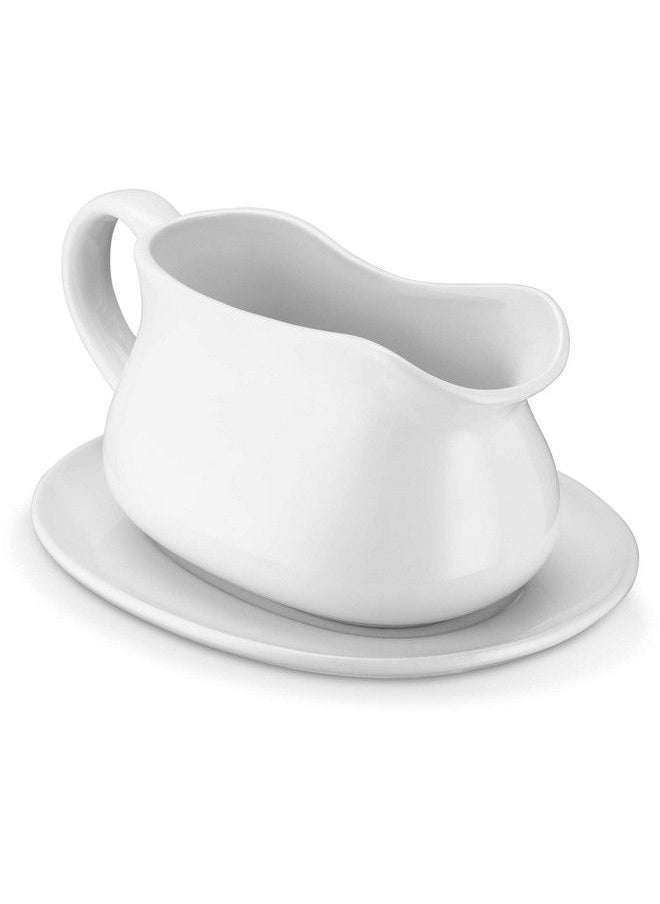 Kook Gravy Boat & Saucer Ceramic Serving Dish Dispenser With Tray For Sauces Dressings And Creamer Large Handle Microwave And Dishwasher Safe 17 Oz White  - Image 2