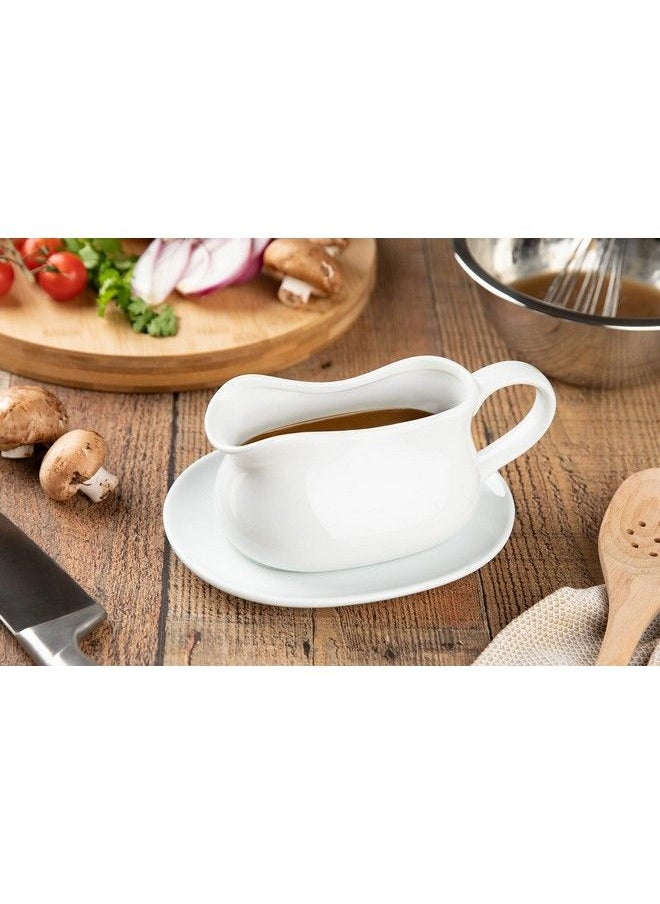 Kook Gravy Boat & Saucer Ceramic Serving Dish Dispenser With Tray For Sauces Dressings And Creamer Large Handle Microwave And Dishwasher Safe 17 Oz White  - Image 4