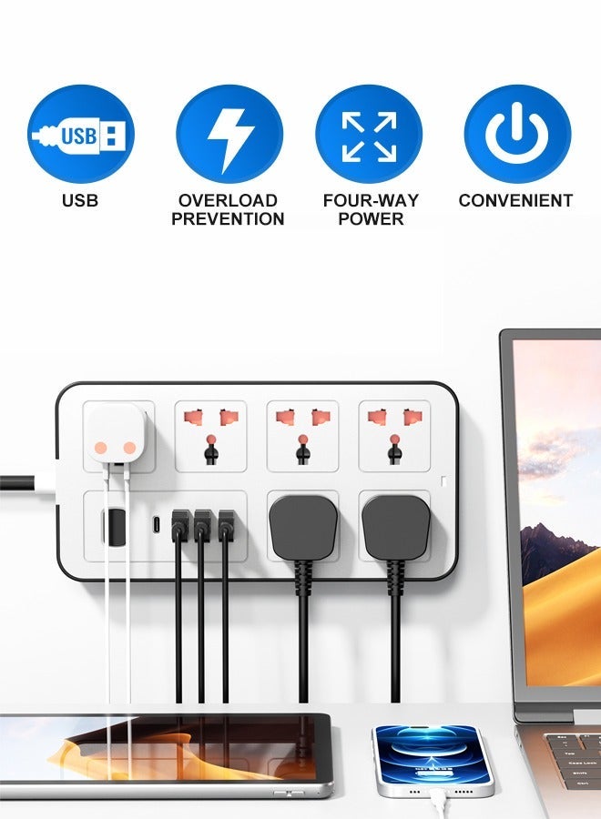 Extension Cord Protector Power Strip with 6 Outlets, 3 USB-A Ports, 1 USB-C Port, Flat Plug, Wall Mountable, Desk USB Charging Station, Ideal for All Electronic Devices, White, 220x110x30mm. - Image 5