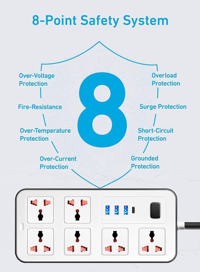 Extension Cord Protector Power Strip with 6 Outlets, 3 USB-A Ports, 1 USB-C Port, Flat Plug, Wall Mountable, Desk USB Charging Station, Ideal for All Electronic Devices, White, 220x110x30mm. - Image 4