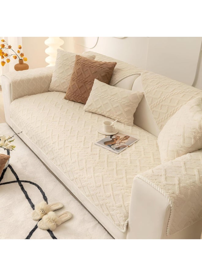 غطاء أريكة - غطاء مخملي بنقشة جاكار هندسية لنمط ريفي، واقي أثاث مانع للانزلاق، مثالي للكلاب والأطفال، ناعم ودافئ (كريمي، 43 بوصة × 82 بوصة) - Image 4