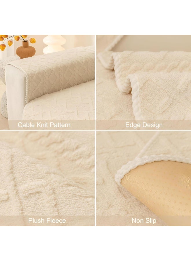 غطاء أريكة - غطاء مخملي بنقشة جاكار هندسية لنمط ريفي، واقي أثاث مانع للانزلاق، مثالي للكلاب والأطفال، ناعم ودافئ (كريمي، 43 بوصة × 82 بوصة) - Image 2