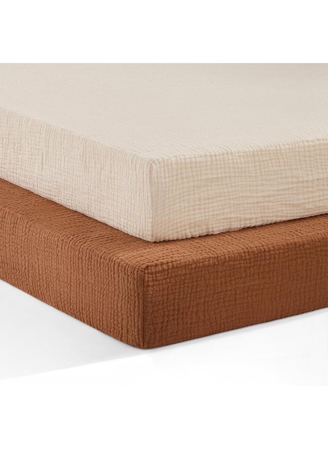 Pro Goleem Pro Goleem Muslin Pack n Play Sheets for Boys and Girls, Soft Breathable Cotton Fitted Mini Crib Sheets, Neutral Baby Sheets for Playard Mattress, 2 Pack (Brown＆Beige)  - Image 1