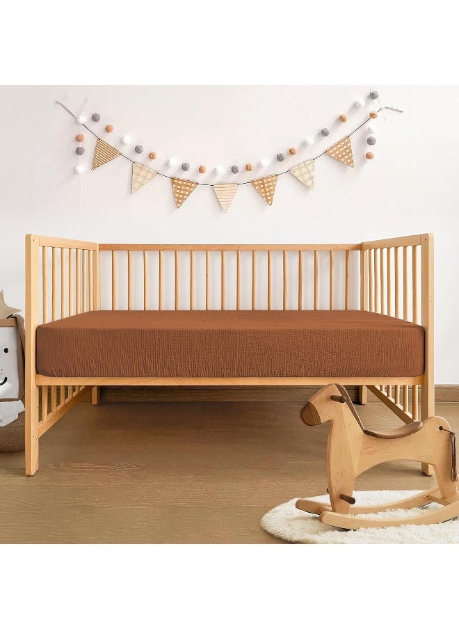Pro Goleem Pro Goleem Muslin Pack n Play Sheets for Boys and Girls, Soft Breathable Cotton Fitted Mini Crib Sheets, Neutral Baby Sheets for Playard Mattress, 2 Pack (Brown＆Beige)  - Image 4