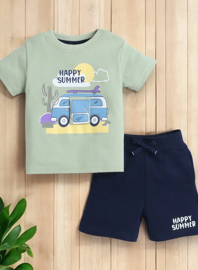 victor and jane Victor and Jane Infant 2PC Set, T-Shirt with Cute Bus And Blue Shorts