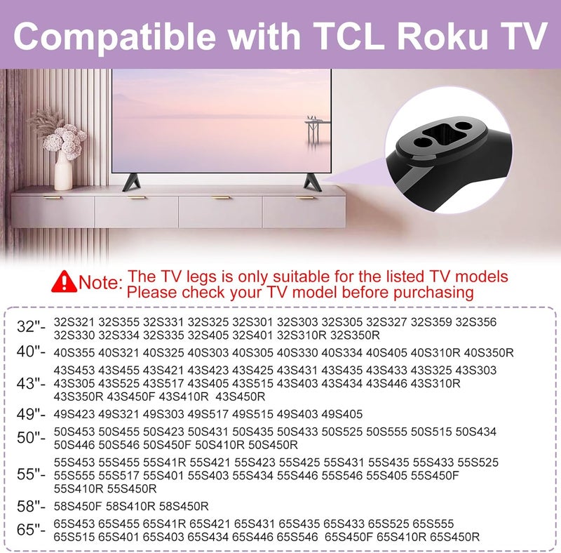 Varghesyla (نسخة مطورة) قاعدة حامل تلفزيون لأرجل تلفزيون TCL Roku، بديل لتلفزيونات TCL مقاس 32" 40" 43" 49" 50" 55" 65" 32S359 32S355 40S355 43S455 50S525 55S435 65S455 مع براغي - Image 2