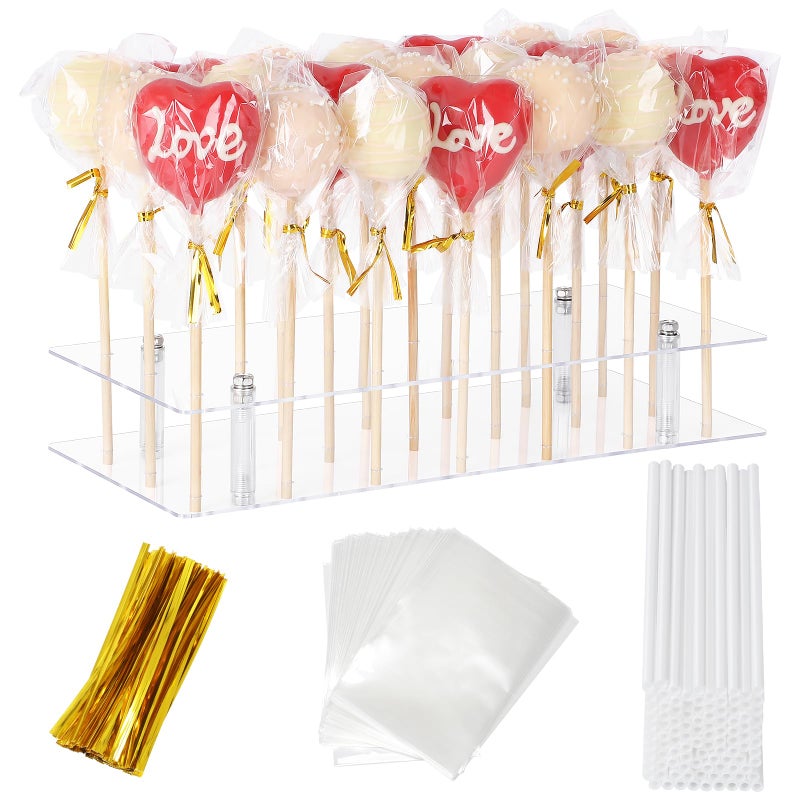 Suneerplay Cake Pop Stand with Sticks Kit 21 Holes Lollipop Display Stand Acrylic Cake Pop Display Holder Lollipop Holder with 100 Pcs Sticks 100 Pcs Clear Wrappers 100 Pcs Gold Twist Ties
