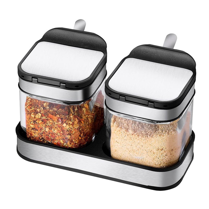 SvaTao Condiment Jar Spice Container with 304 Stainless Steel Lids and Spoons,Clear Glass Condiment Canisters Pots Seasoning Box Salt Container Sugar Bowl Set of 2 for Kitchen, Counter, Food Storage - Image 1