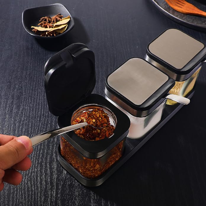 SvaTao Condiment Jar Spice Container with 304 Stainless Steel Lids and Spoons,Clear Glass Condiment Canisters Pots Seasoning Box Salt Container Sugar Bowl Set of 2 for Kitchen, Counter, Food Storage - Image 5