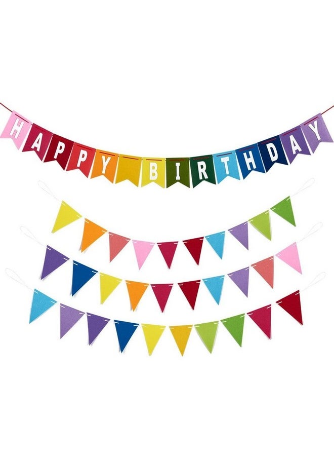 Blue Panda 8 Feet Rainbow Happy Birthday Banner With 3 Colorful Felt Pennant Flag Banners (6 Feet) For Party Decorations  - Image 1