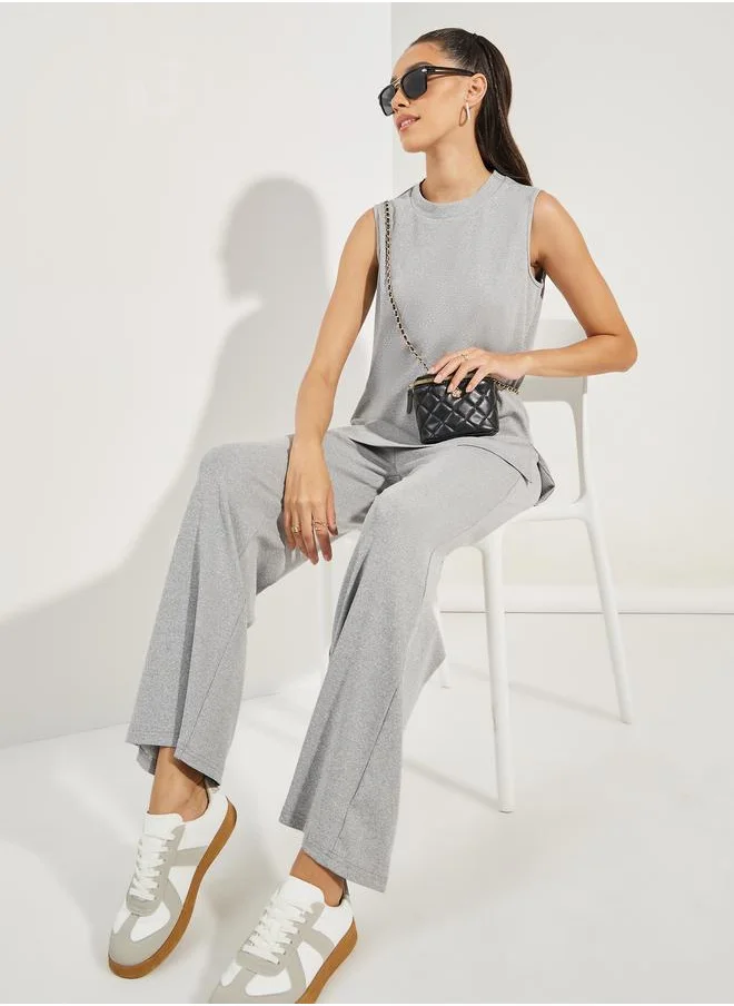 ستايلي Sleeveless Rib Knit Top & Wide Leg Joggers Co-Ords