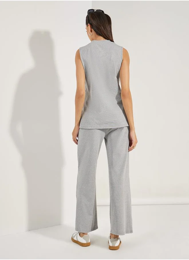 ستايلي Sleeveless Rib Knit Top & Wide Leg Joggers Co-Ords