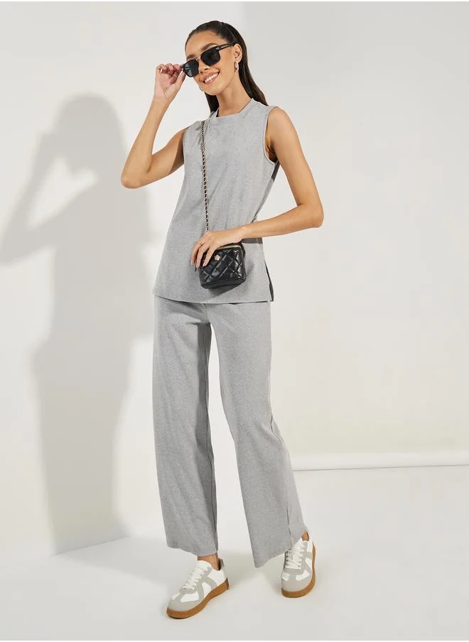 Styli Sleeveless Rib Knit Top & Wide Leg Joggers Co-Ords