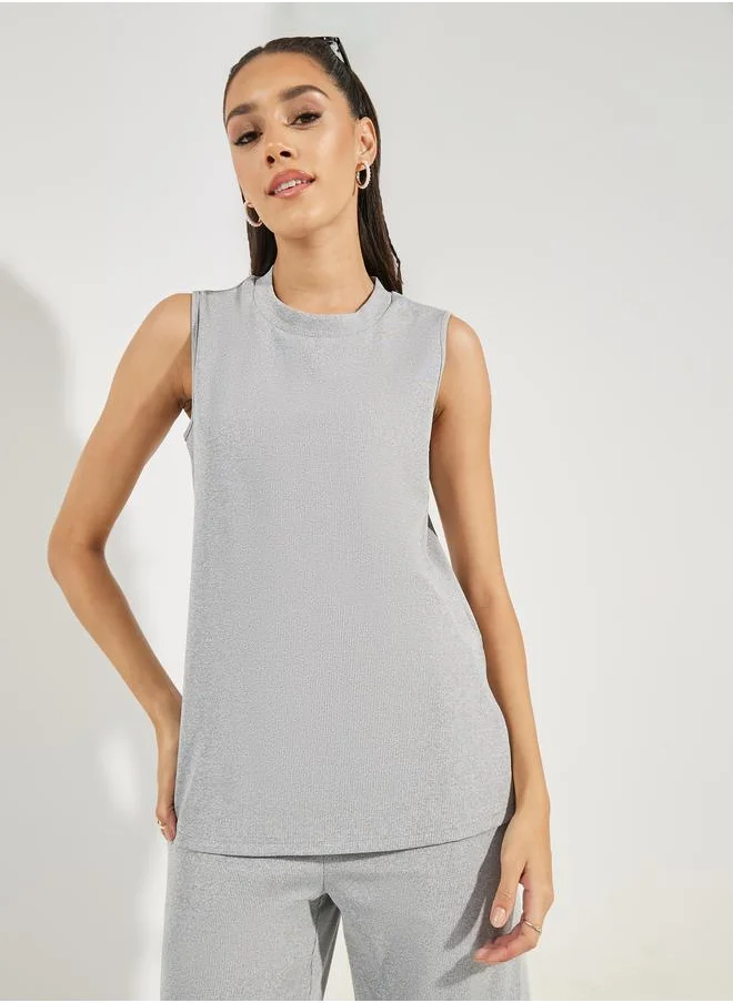 ستايلي Sleeveless Rib Knit Top & Wide Leg Joggers Co-Ords