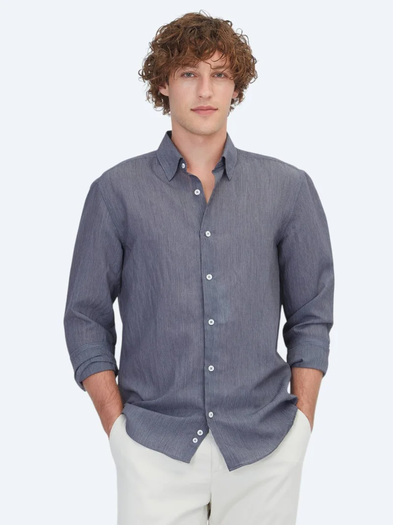 Kip Hard Coal Striped Regular Fit Long Weaving Casual Shirt