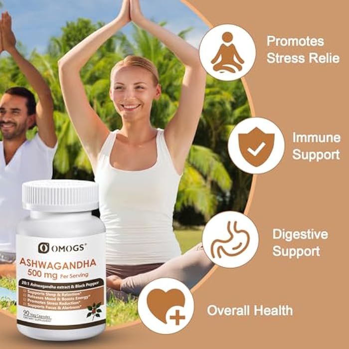 OMOGS Organic Ashwagandha, Pure Herb Extract, Added Black Pepper, High Absorption, for Boosts Energy, Sleep, Focus, Stress Relief.& Immune Support, Non-GMO, 90 Vegetable Capsules - Image 5