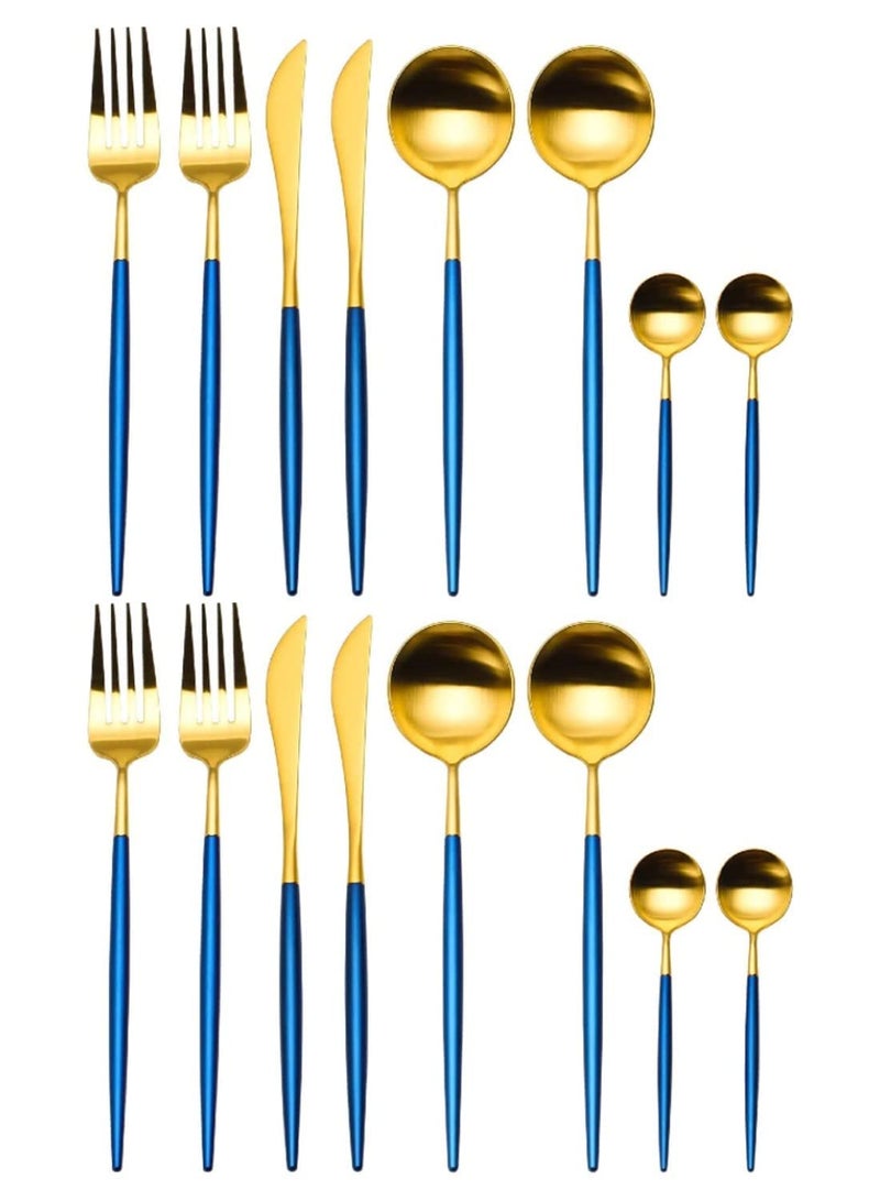 SHFTI Stainless Steel Tableware Flatware Set with Knife Spoon Tea Spoon and Fork Set People Serving Dinner Spoons Teaspoons Knives and Forks Mirror Polished Pack of 16 BlueGold - Image 1