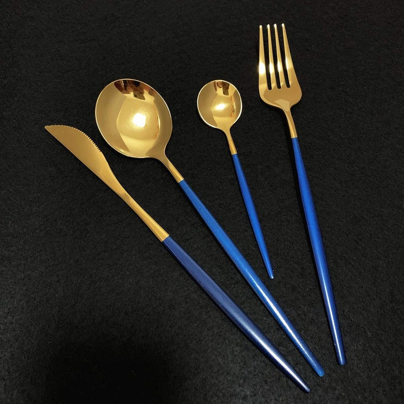 SHFTI Stainless Steel Tableware Flatware Set with Knife Spoon Tea Spoon and Fork Set People Serving Dinner Spoons Teaspoons Knives and Forks Mirror Polished Pack of 16 BlueGold - Image 4