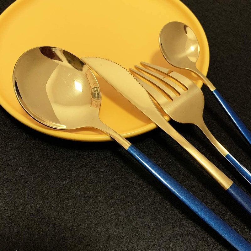 SHFTI Stainless Steel Tableware Flatware Set with Knife Spoon Tea Spoon and Fork Set People Serving Dinner Spoons Teaspoons Knives and Forks Mirror Polished Pack of 16 BlueGold - Image 3