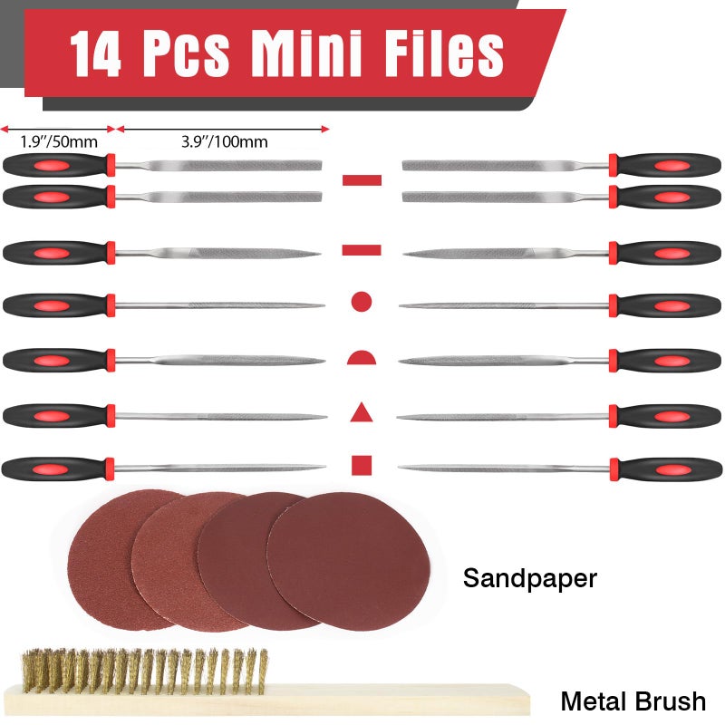 Keze 25 Pcs Metal File Set,Premium T12 Carbon Steel Flat/Half-Round/Round/Triangle Large Files,14 Pcs Needle Files with Case,4 Pcs Sandpaper,Brush,and A Pair of Gloves,for Woodworking. - Image 3