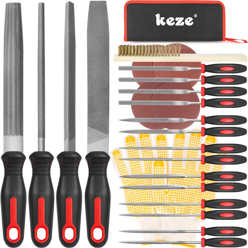 Keze 25 Pcs Metal File Set,Premium T12 Carbon Steel Flat/Half-Round/Round/Triangle Large Files,14 Pcs Needle Files with Case,4 Pcs Sandpaper,Brush,and A Pair of Gloves,for Woodworking. - Image 1