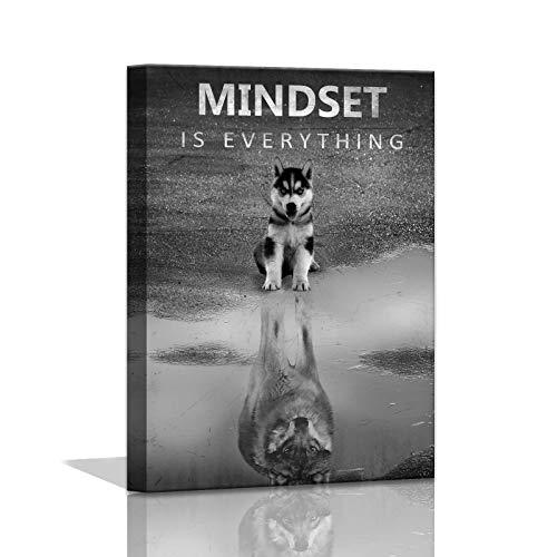 PulsatingFingertip Modern Motivational Bedroom, Mindset is Everything Inspirational Wall Art for Office Wolf Motto Artwork Wall Decor Black and White Canvas Framed 12x16inch - Image 1