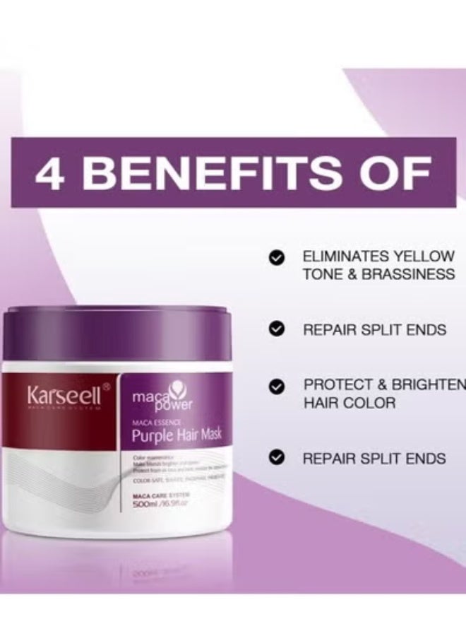 Karseell Maca Essence Purple Hair Mask Purple Shampoo Set, Neutralizes Yellow Shade, Repair Hair Damage for Blonde, Blonded, Grey Hair, 2 x 500ml - Image 4
